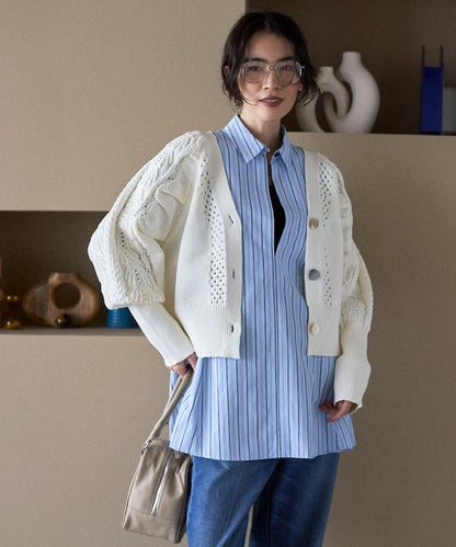 多樣紐扣設計 蓬袖 麻花針織 針織開衫