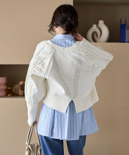 多樣紐扣設計 蓬袖 麻花針織 針織開衫