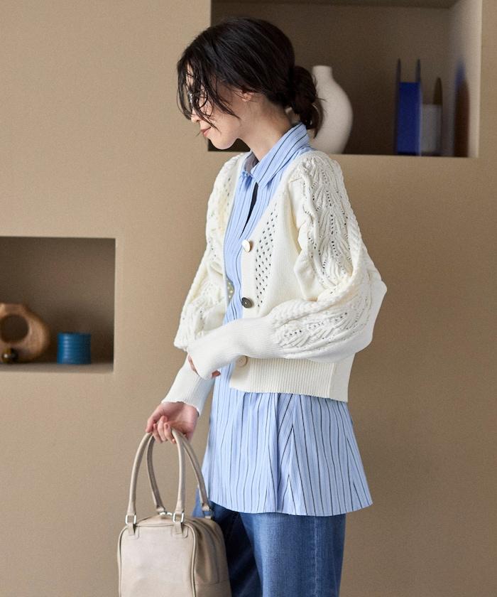 多樣紐扣設計 蓬袖 麻花針織 針織開衫