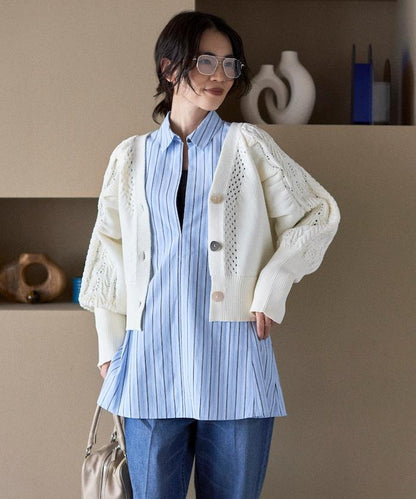 多樣紐扣設計 蓬袖 麻花針織 針織開衫