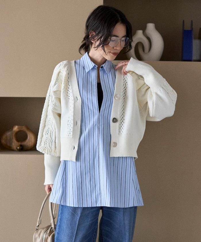 多樣紐扣設計 蓬袖 麻花針織 針織開衫