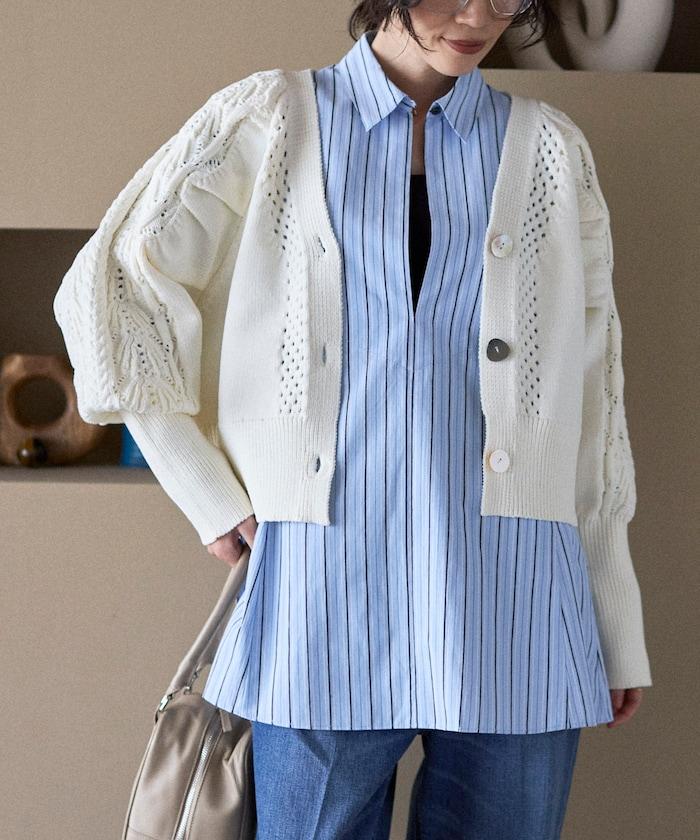 多樣紐扣設計 蓬袖 麻花針織 針織開衫