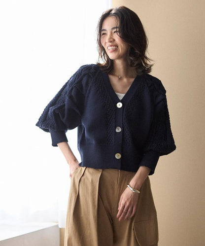 多樣紐扣設計 蓬袖 麻花針織 針織開衫