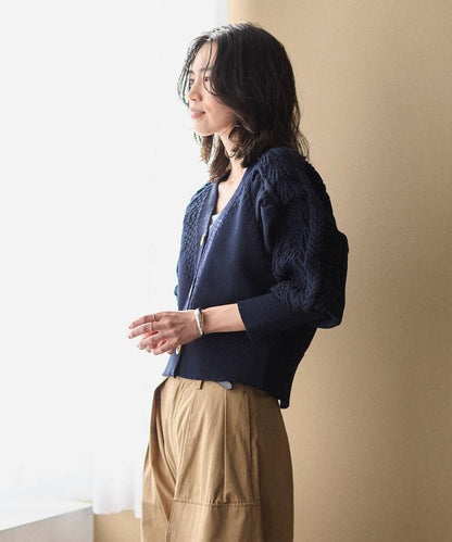 多樣紐扣設計 蓬袖 麻花針織 針織開衫