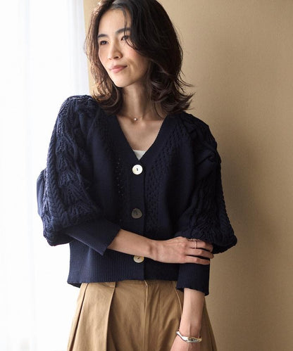 多樣紐扣設計 蓬袖 麻花針織 針織開衫