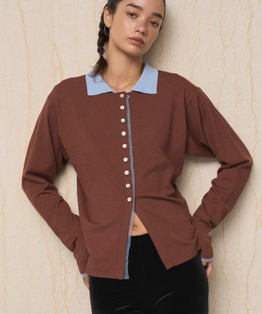 配色設計 長袖 假兩件 POLO針織 針織開衫