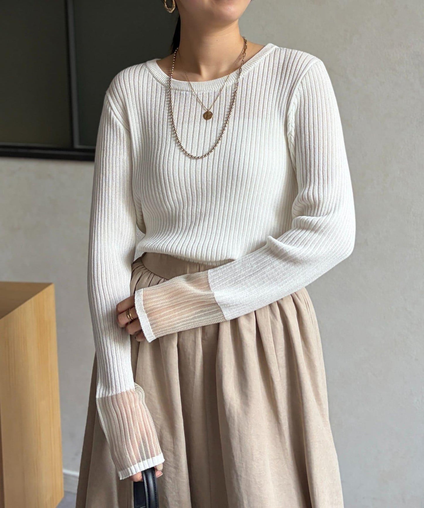 袖口歐根紗拼接 羅紋針織 針織上衣