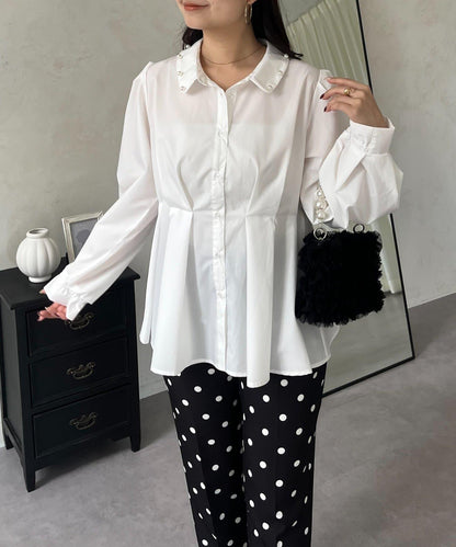 珍珠領褶皺荷葉擺女襯衫