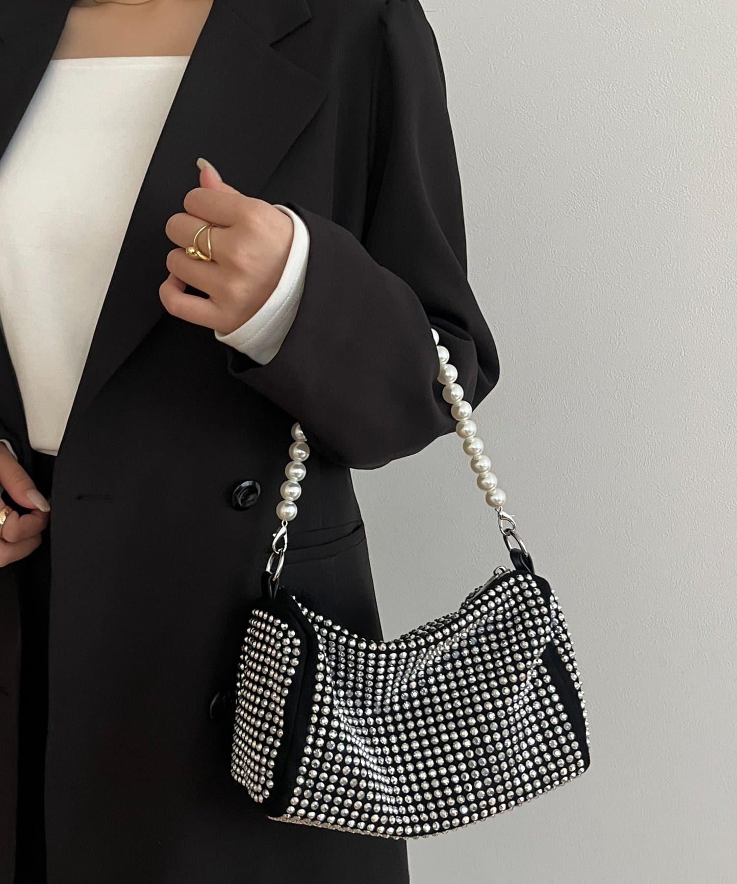 2way珍珠手柄鑲鑽單肩包