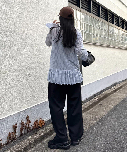 適合疊穿 植絨波點 網紗荷葉邊 上衣