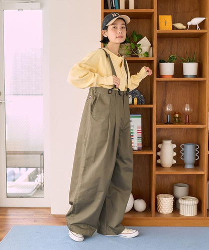 吊帶款 寬鬆版 雙褶 斜紋 褲子（可成套搭配）