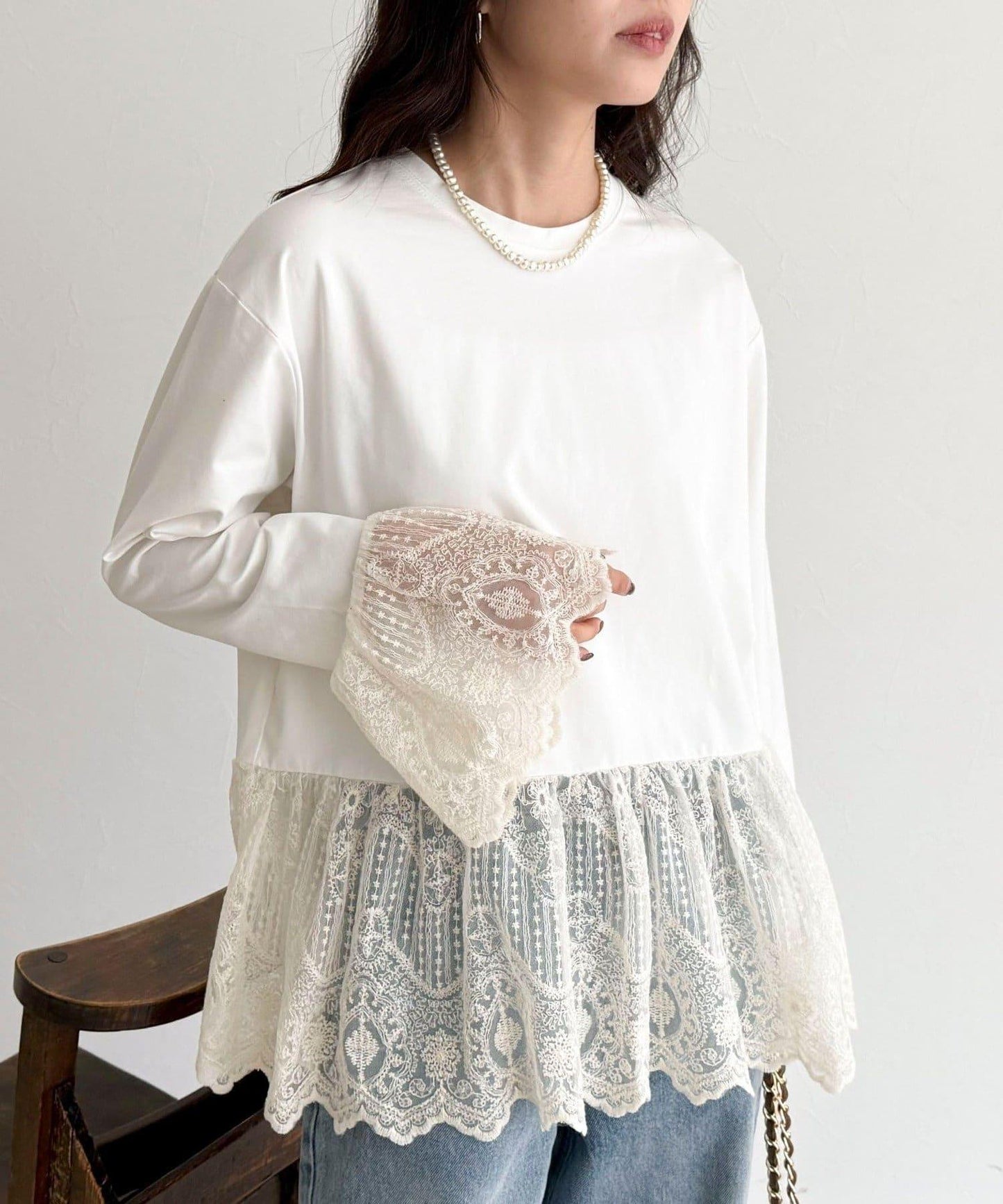 蕾絲拼接設計 長袖T恤（販售款）
