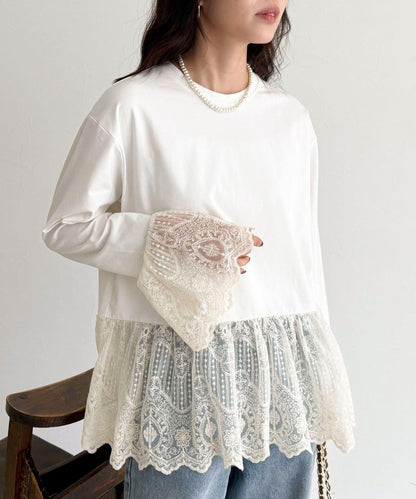 蕾絲拼接設計 長袖T恤（販售款）