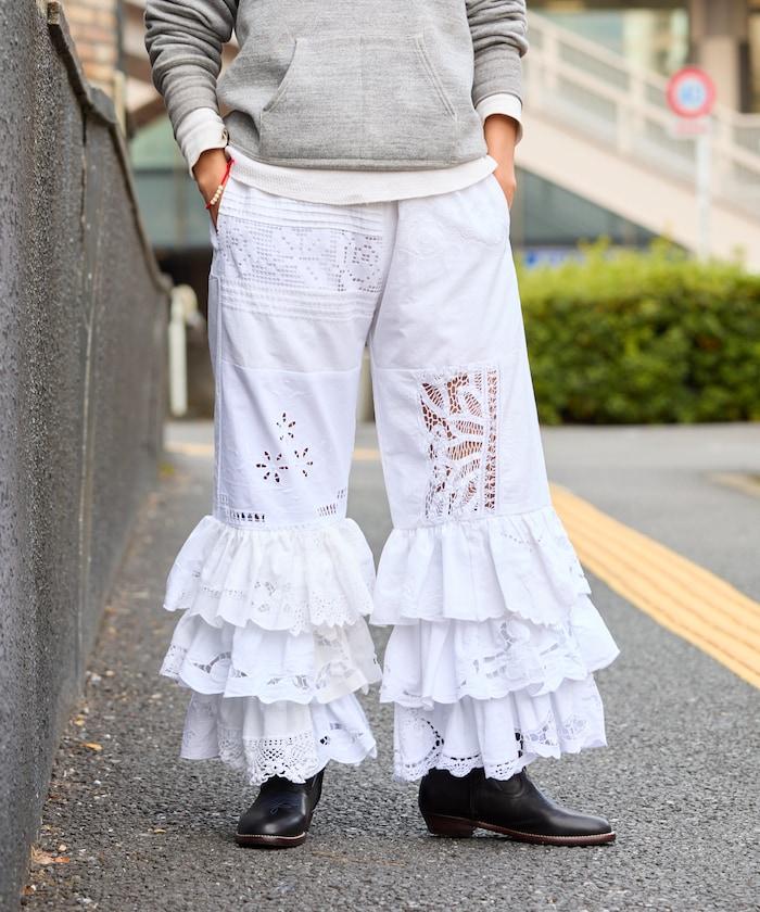 vintage蕾絲桌布改造休閒褲