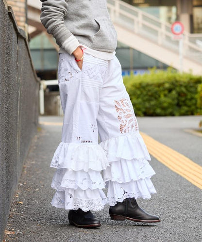 vintage蕾絲桌布改造休閒褲