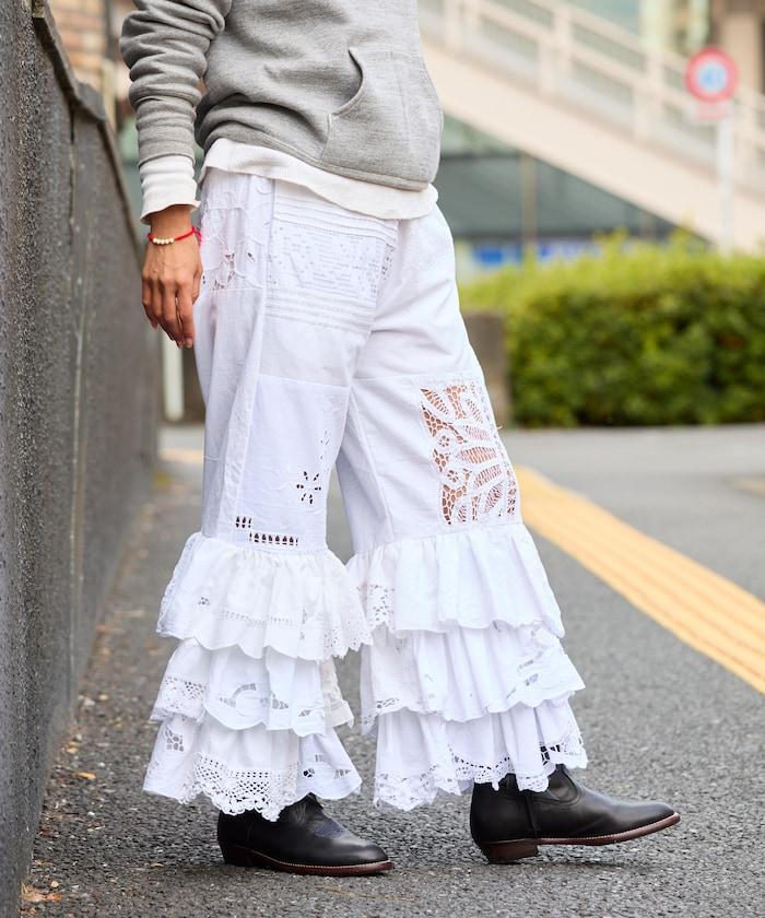 vintage蕾絲桌布改造休閒褲