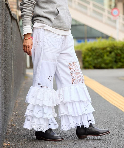 vintage蕾絲桌布改造休閒褲