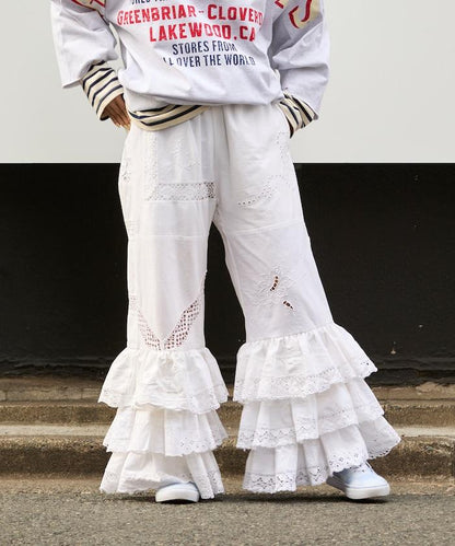 vintage蕾絲桌布改造休閒褲