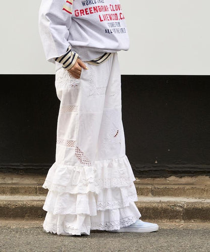 vintage蕾絲桌布改造休閒褲