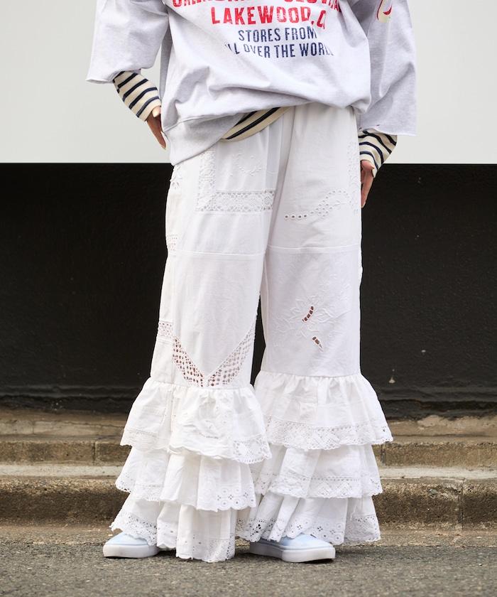 vintage蕾絲桌布改造休閒褲