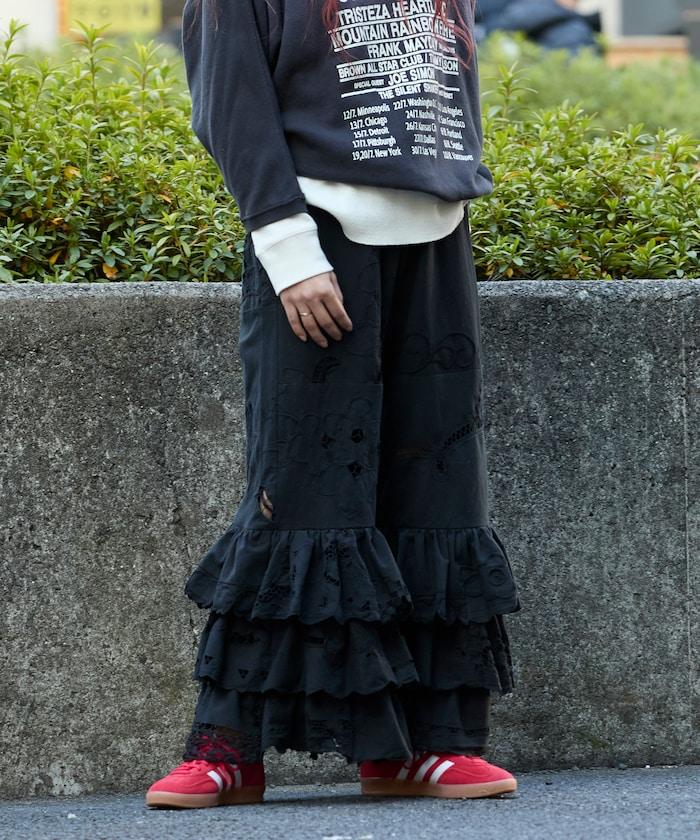 vintage蕾絲桌布改造休閒褲