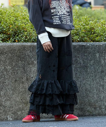 vintage蕾絲桌布改造休閒褲