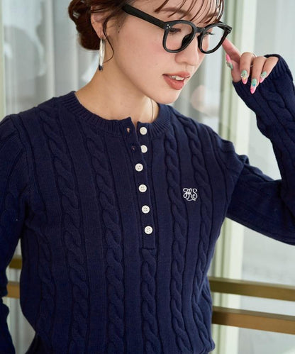 單點刺繡 亨利領 麻花針織 套頭針織衫