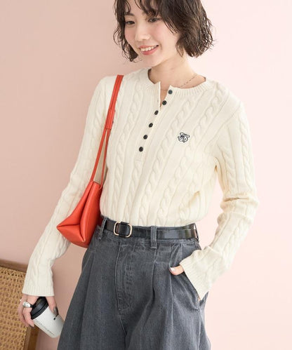 單點刺繡 亨利領 麻花針織 套頭針織衫