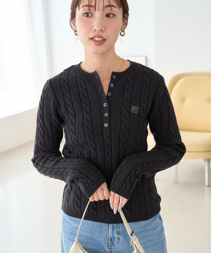 單點刺繡 亨利領 麻花針織 套頭針織衫