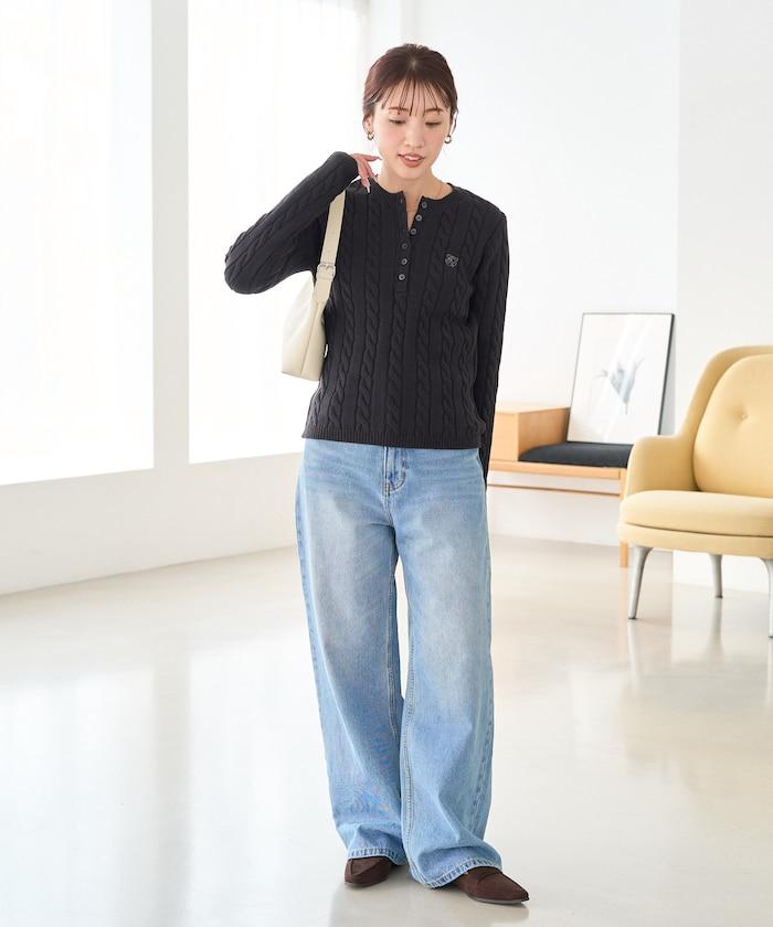單點刺繡 亨利領 麻花針織 套頭針織衫