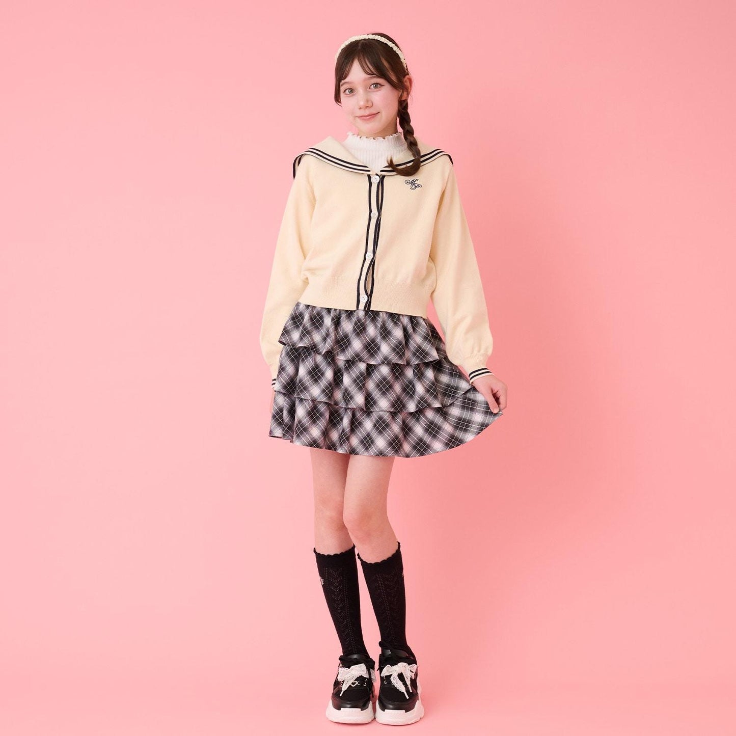 水手領針織開衫＋高領T恤套裝