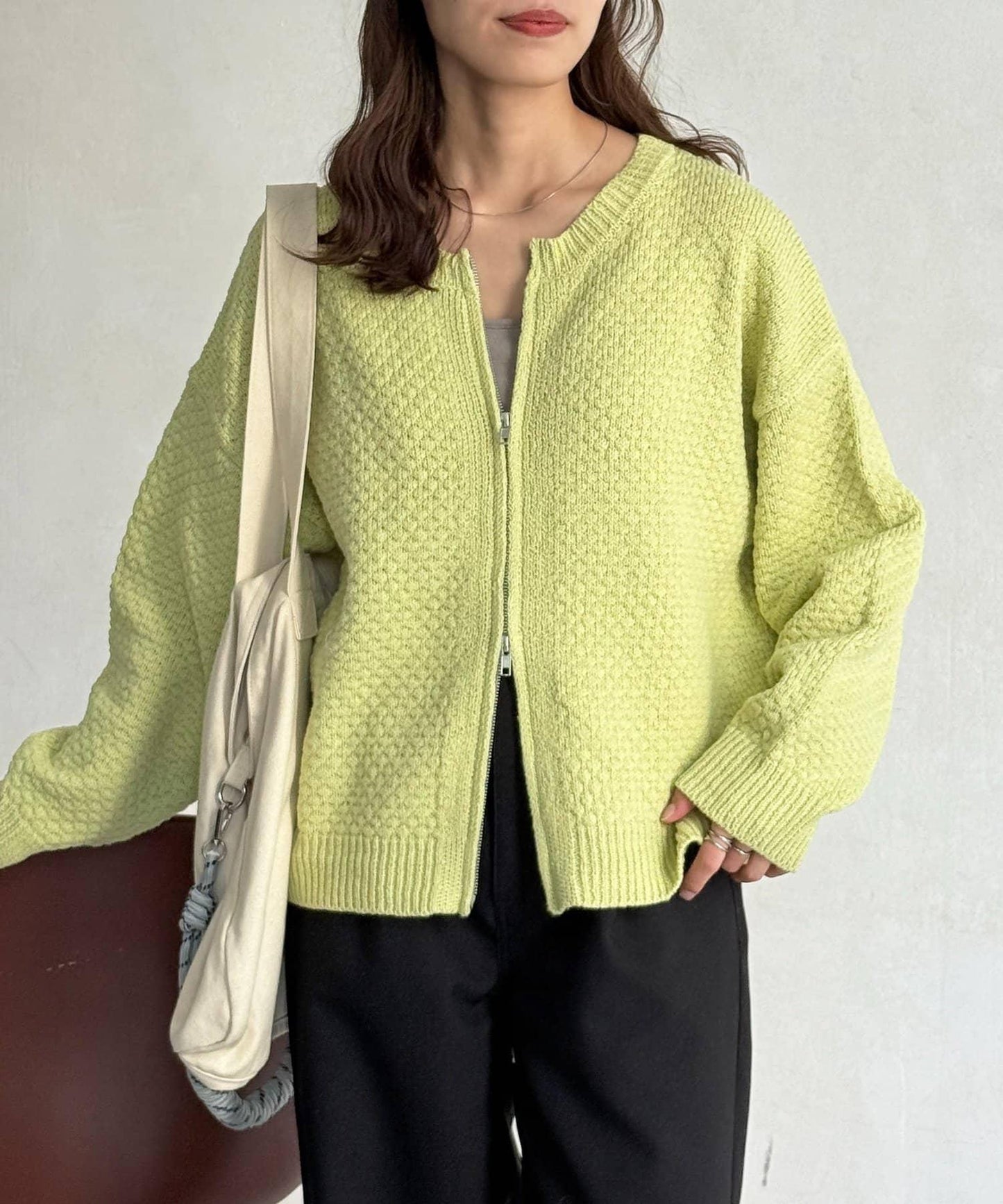 泡泡針織 圓領拉鍊 針織開衫