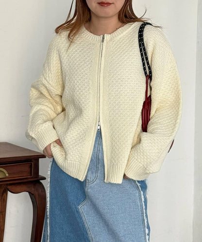 泡泡針織 圓領拉鍊 針織開衫