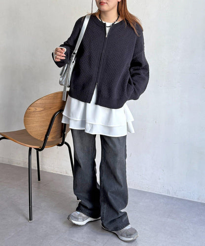 泡泡針織 圓領拉鍊 針織開衫