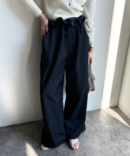 腰部翻折褶皺褲子