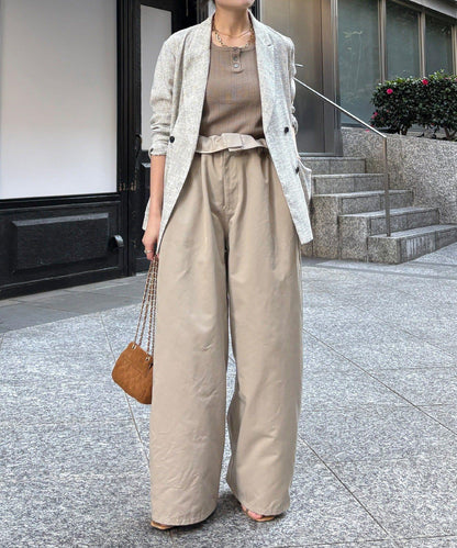 腰部翻折褶皺褲子