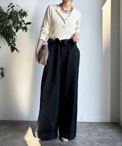 腰部翻折褶皺褲子