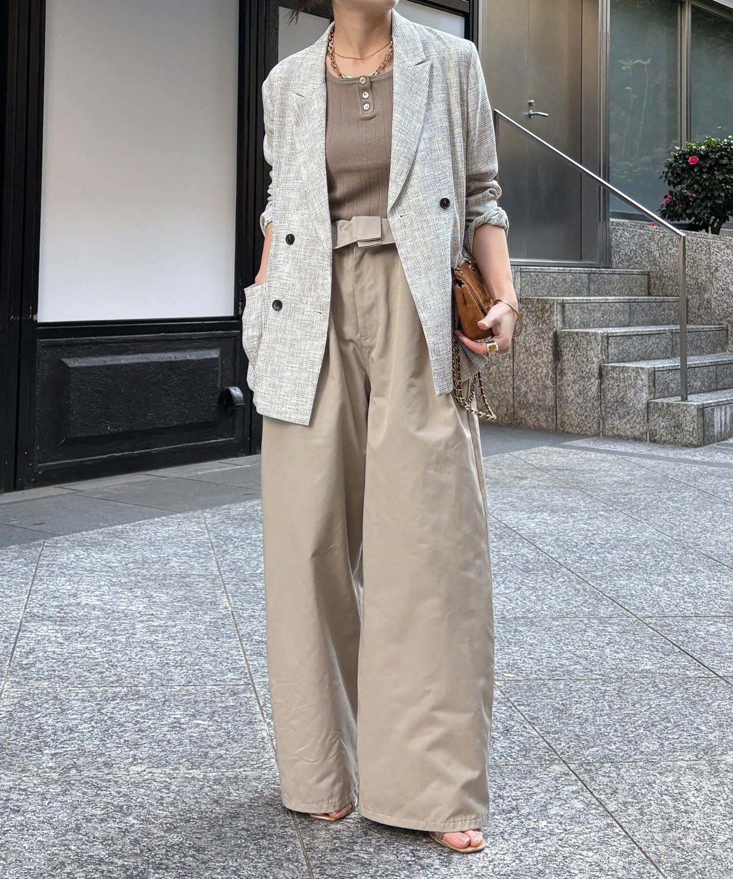 腰部翻折褶皺褲子