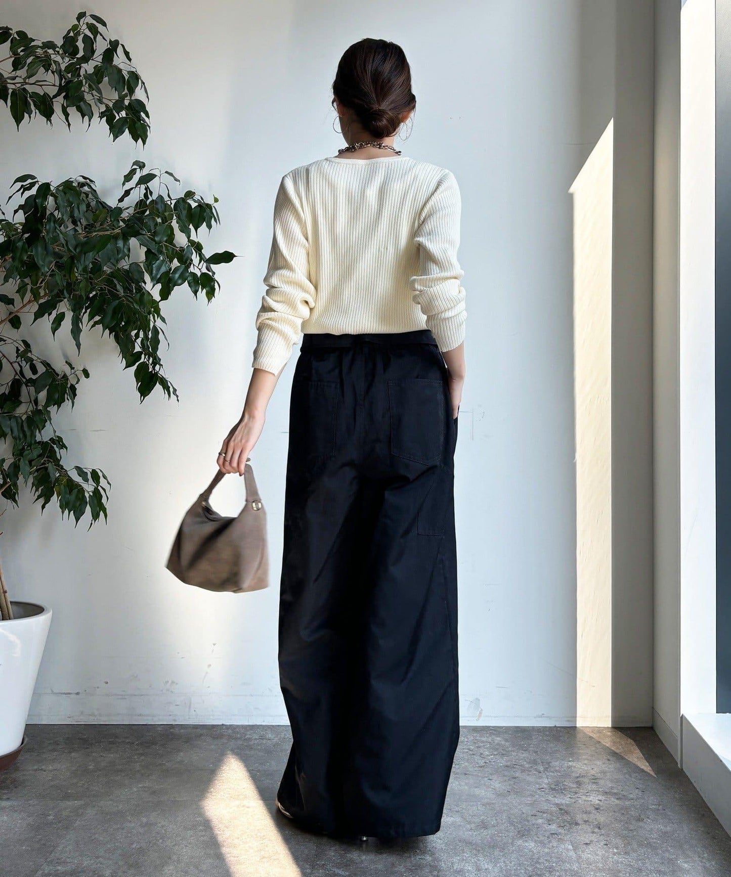 腰部翻折褶皺褲子