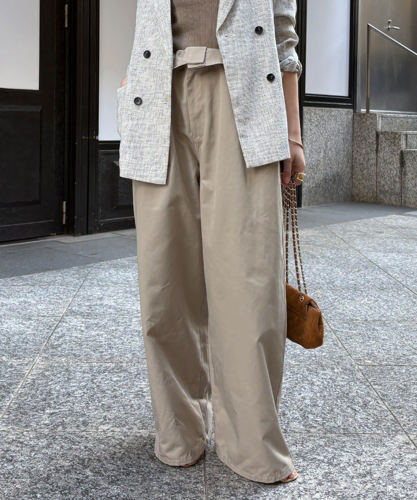 腰部翻折褶皺褲子