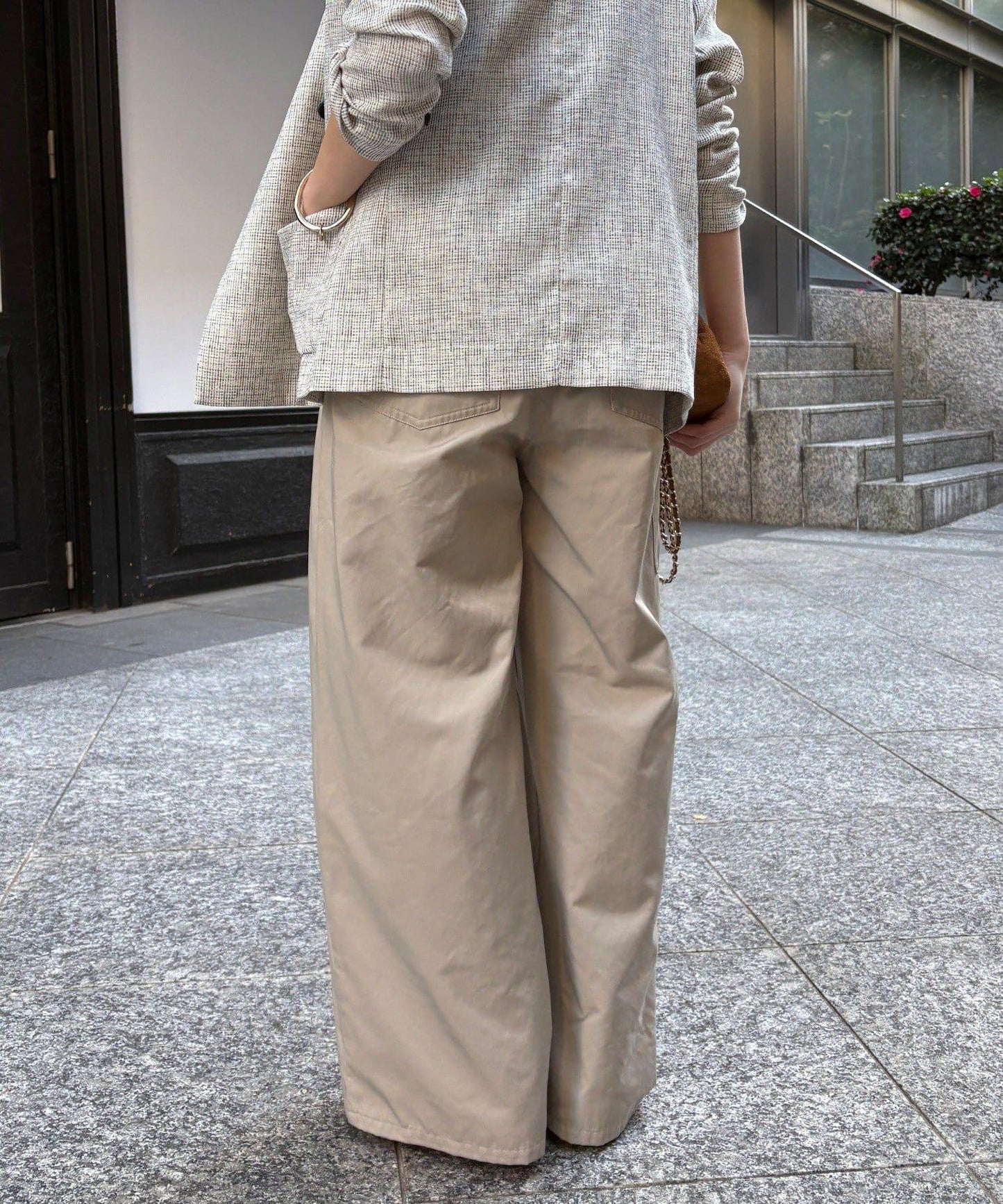 腰部翻折褶皺褲子