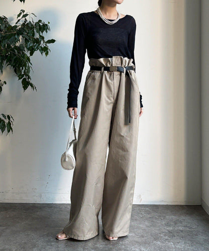 腰部翻折褶皺褲子