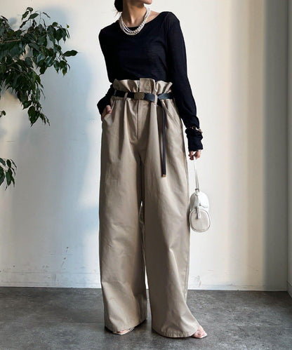 腰部翻折褶皺褲子