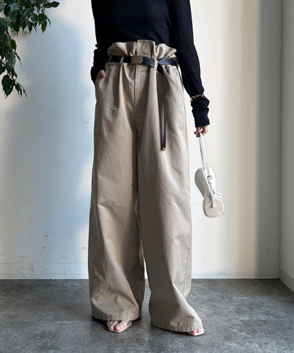 腰部翻折褶皺褲子