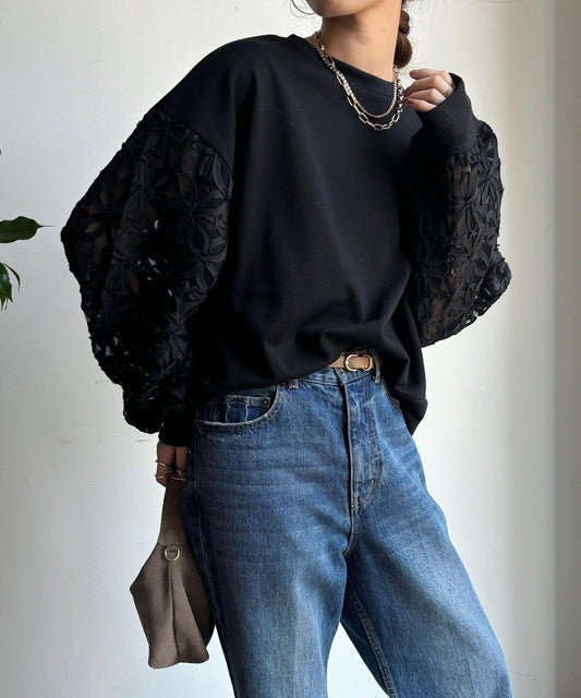 花卉網紗拼接 加絨套頭衛衣（網絡）