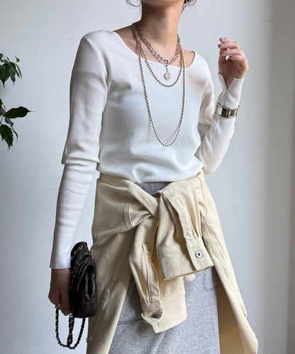 方形領口 針織 長袖 針織套頭衫