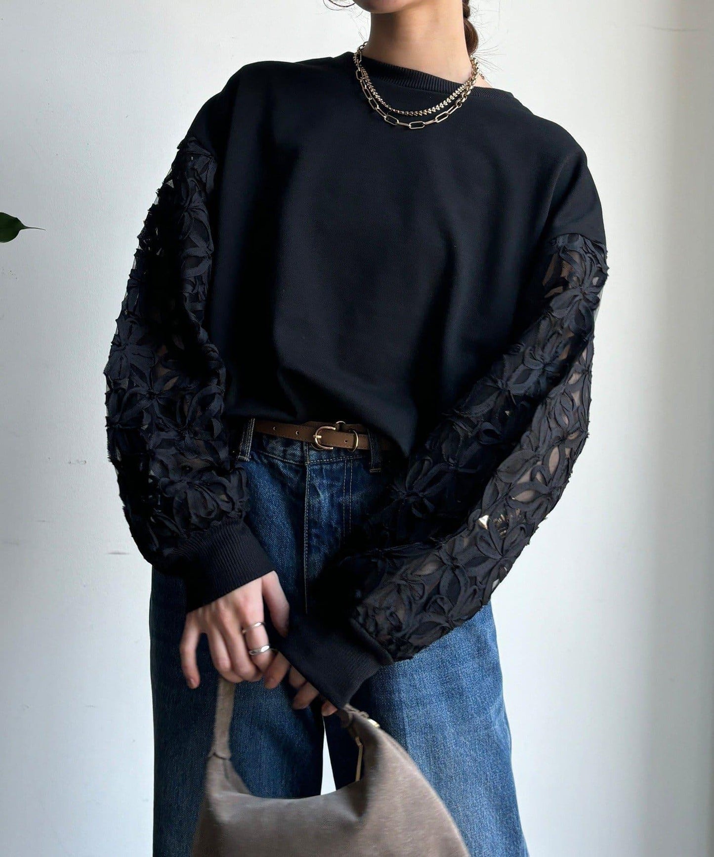 花卉網紗拼接 加絨套頭衛衣（網絡）