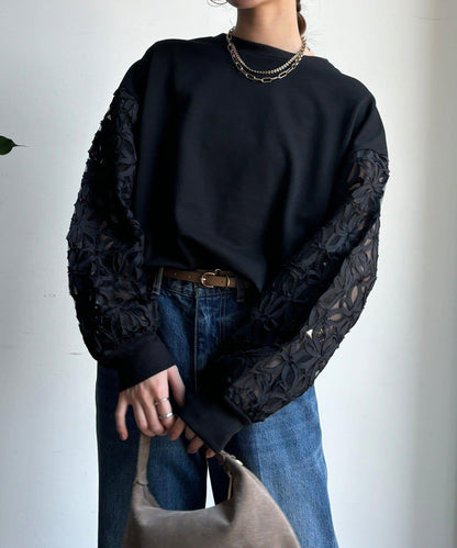 花卉網紗拼接 加絨套頭衛衣（網絡）