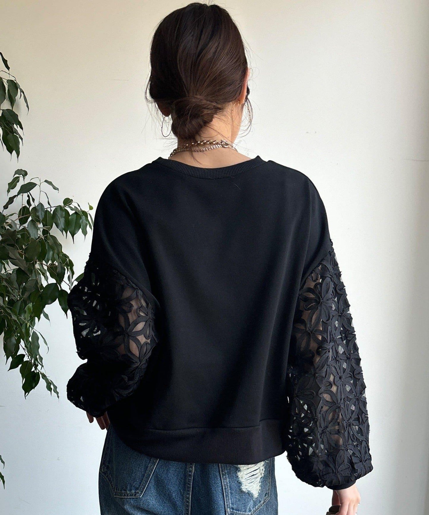 花卉網紗拼接 加絨套頭衛衣（網絡）