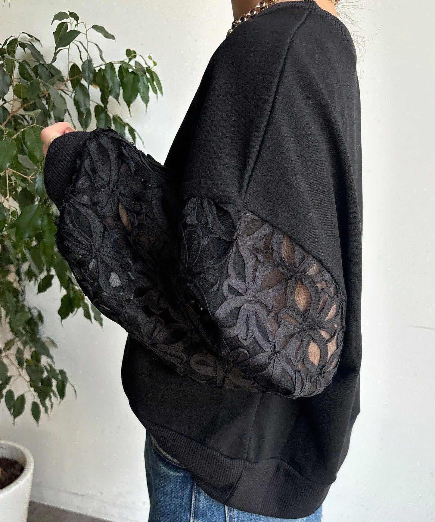 花卉網紗拼接 加絨套頭衛衣（網絡）